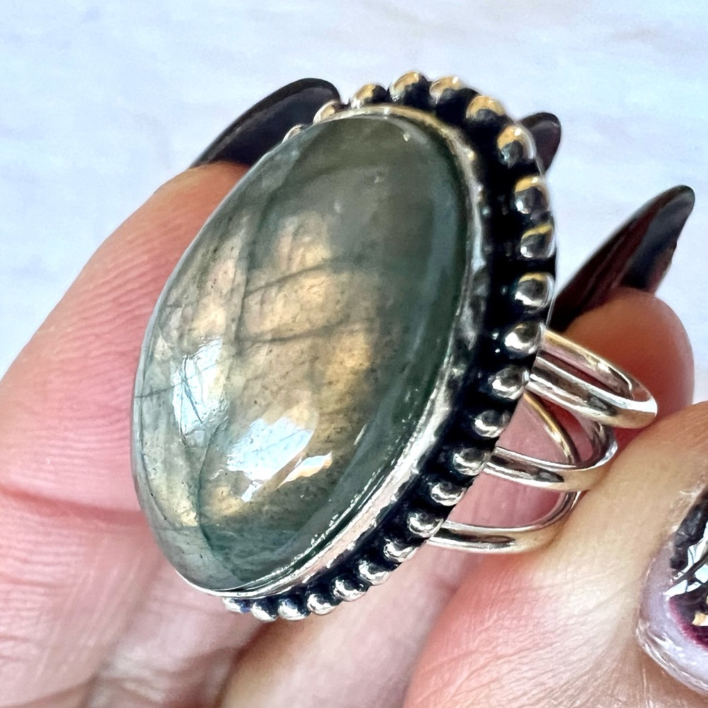 925 ROSE GOLD FLASH Labradorite Tri Band Ring 10.5 - Picture 3 of 9